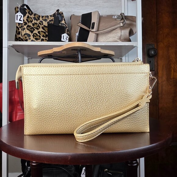3 Pocket Gold Metallic Clutch New Years wristlet with adjustable crossbody strap - Picture 6 of 6